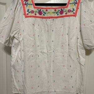 Talbots White Blouse with Multicolor Embroidery